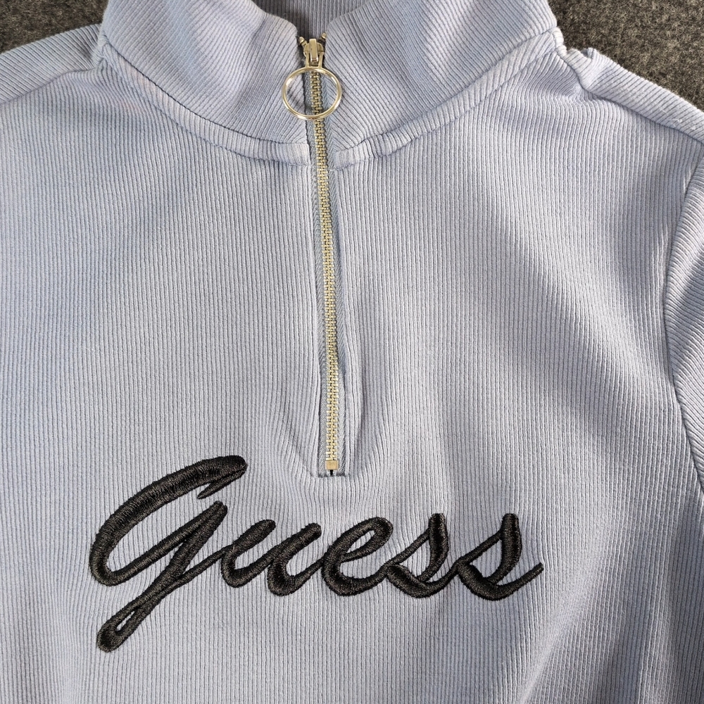 Guess Half-Zip Ribbed Top Light Blue Logo Embroidered Vintage Y2K S - Picture 4 of 8